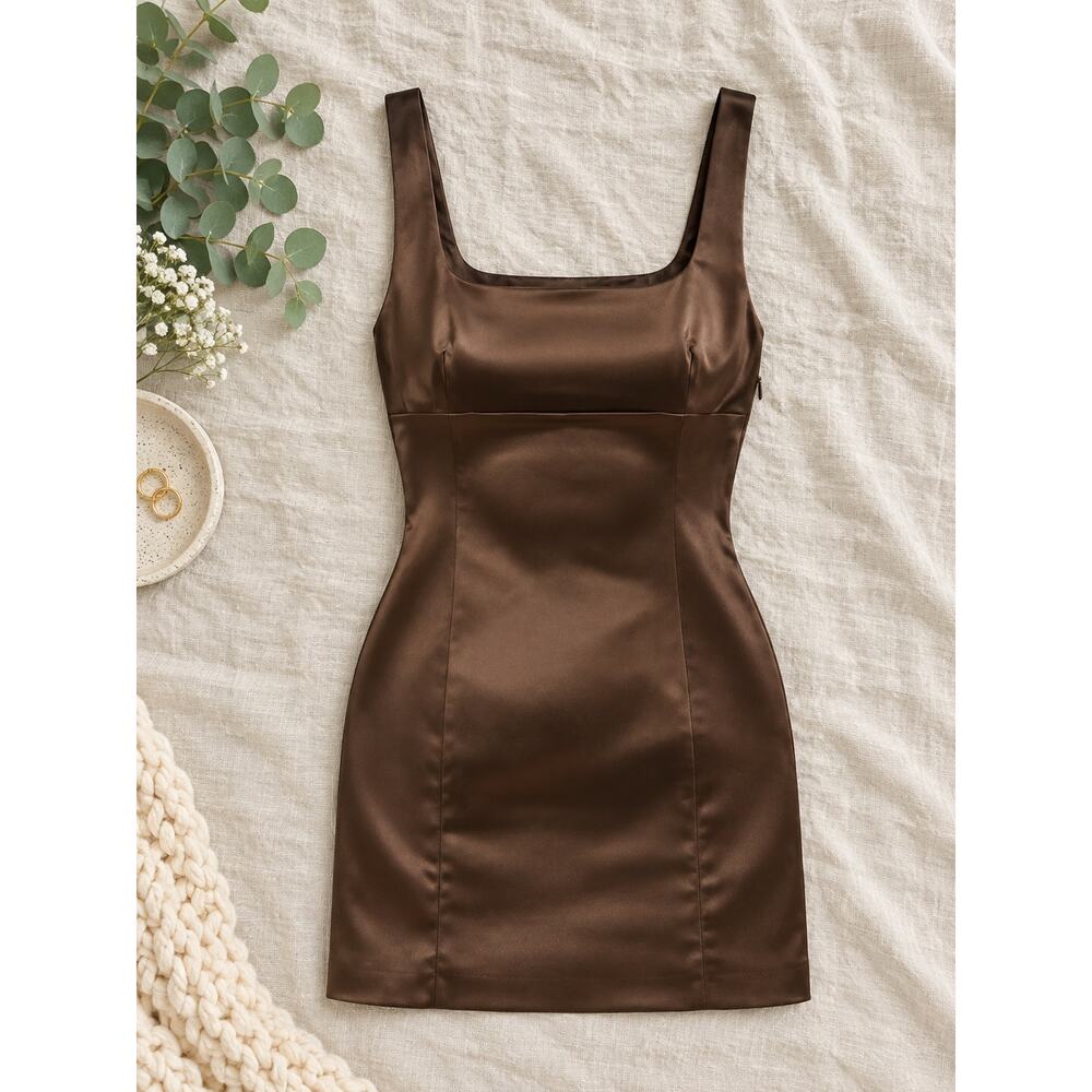 Wilfred Aritzia Cocoa Brown Shine Satin Square Neck Mini Dress Quiet Luxury SZ 6 - Picture 12 of 12